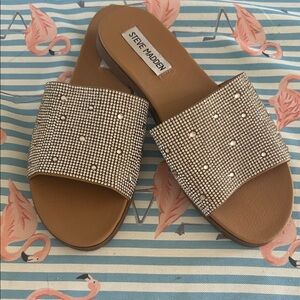 Steve Madden Tan Slide Sandals with Crystal-Strap
